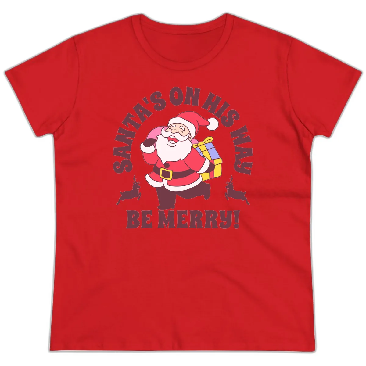 Santa's On His Way Be Merry Ladies Tee in Red