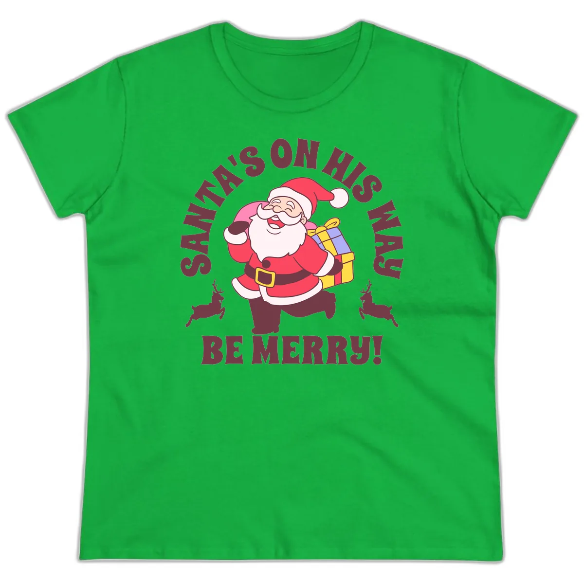 Santa's On His Way Be Merry Ladies Tee in Irish Green