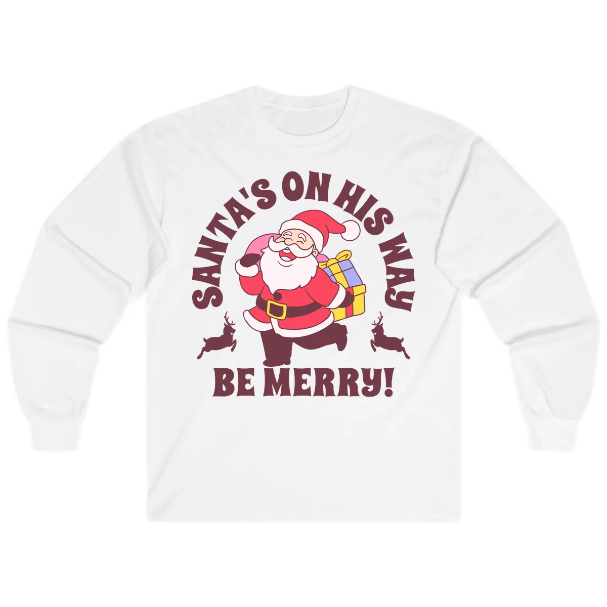 Santa's On His Way Be Merry Long Sleeve in White