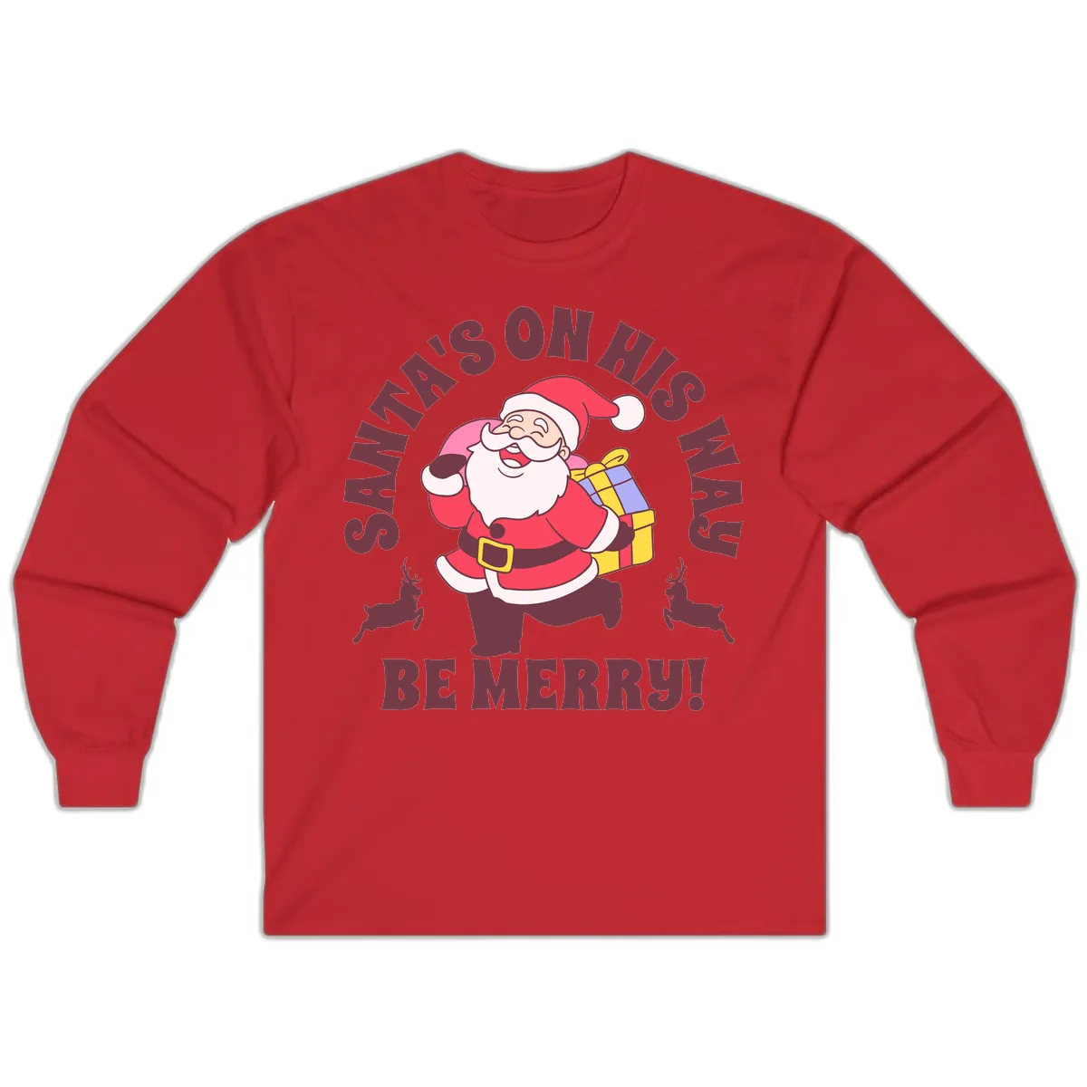 Santa's On His Way Be Merry Long Sleeve in Red