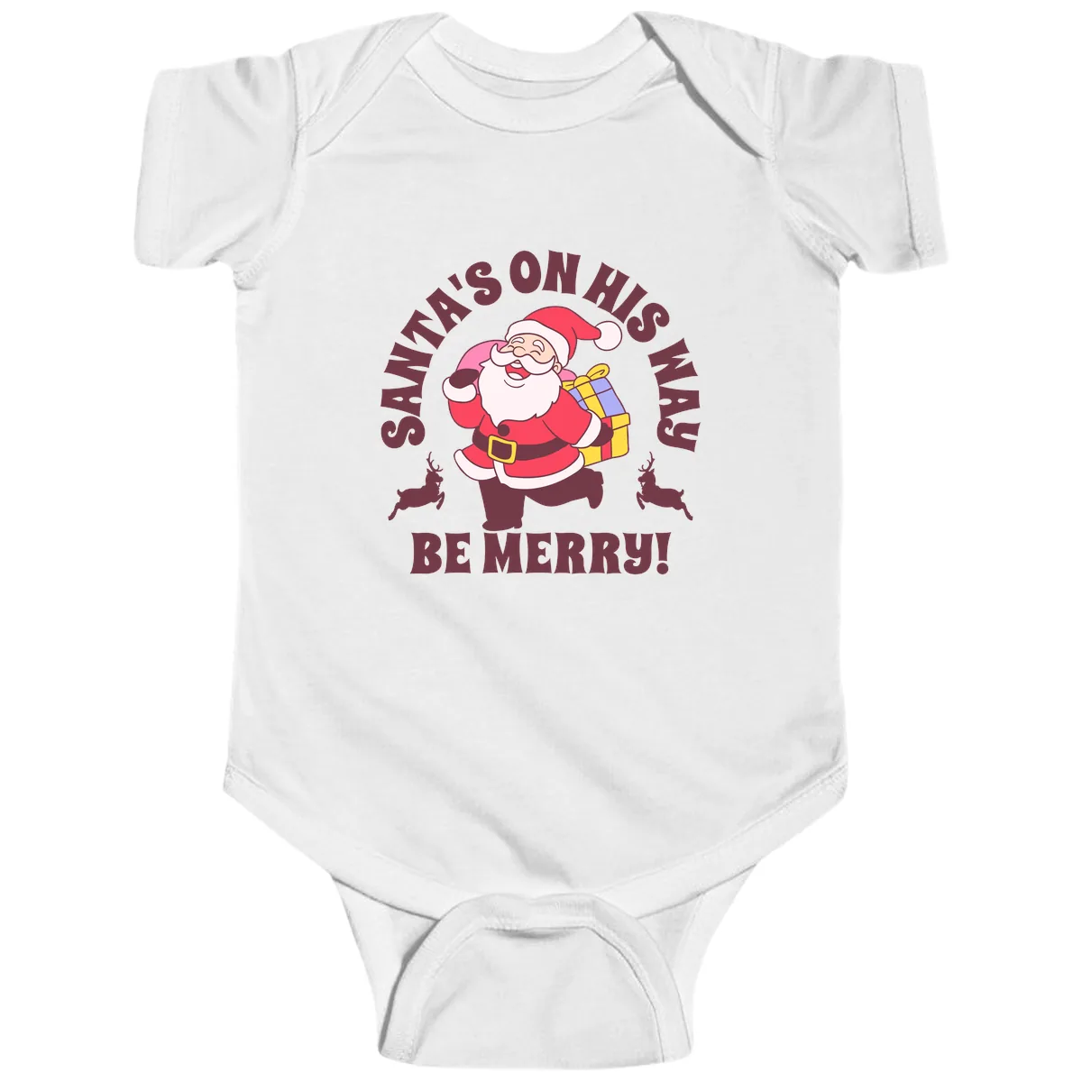 Santa's On His Way Be Merry Baby Onesie in White