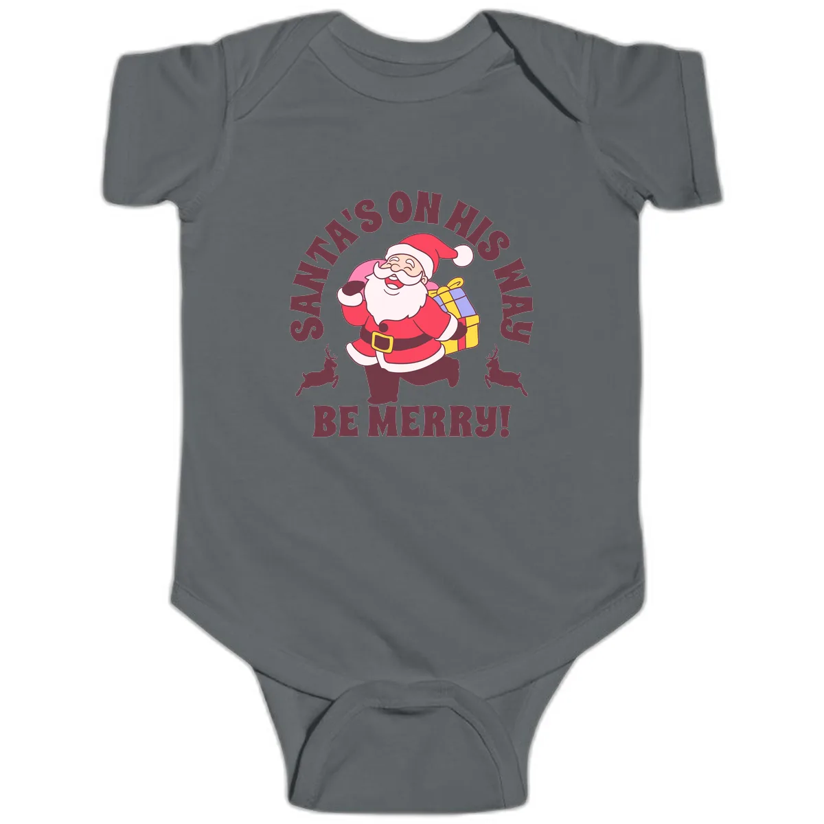 Santa's On His Way Be Merry Baby Onesie in Charcoal