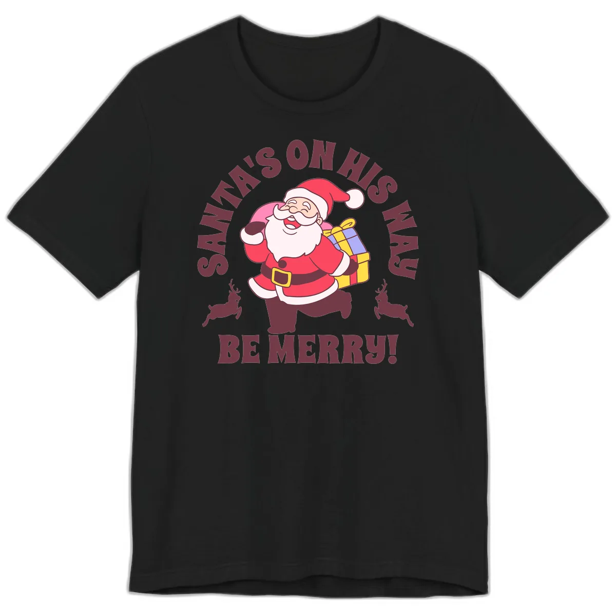 Santa's On His Way Be Merry Premium T-Shirt in Black