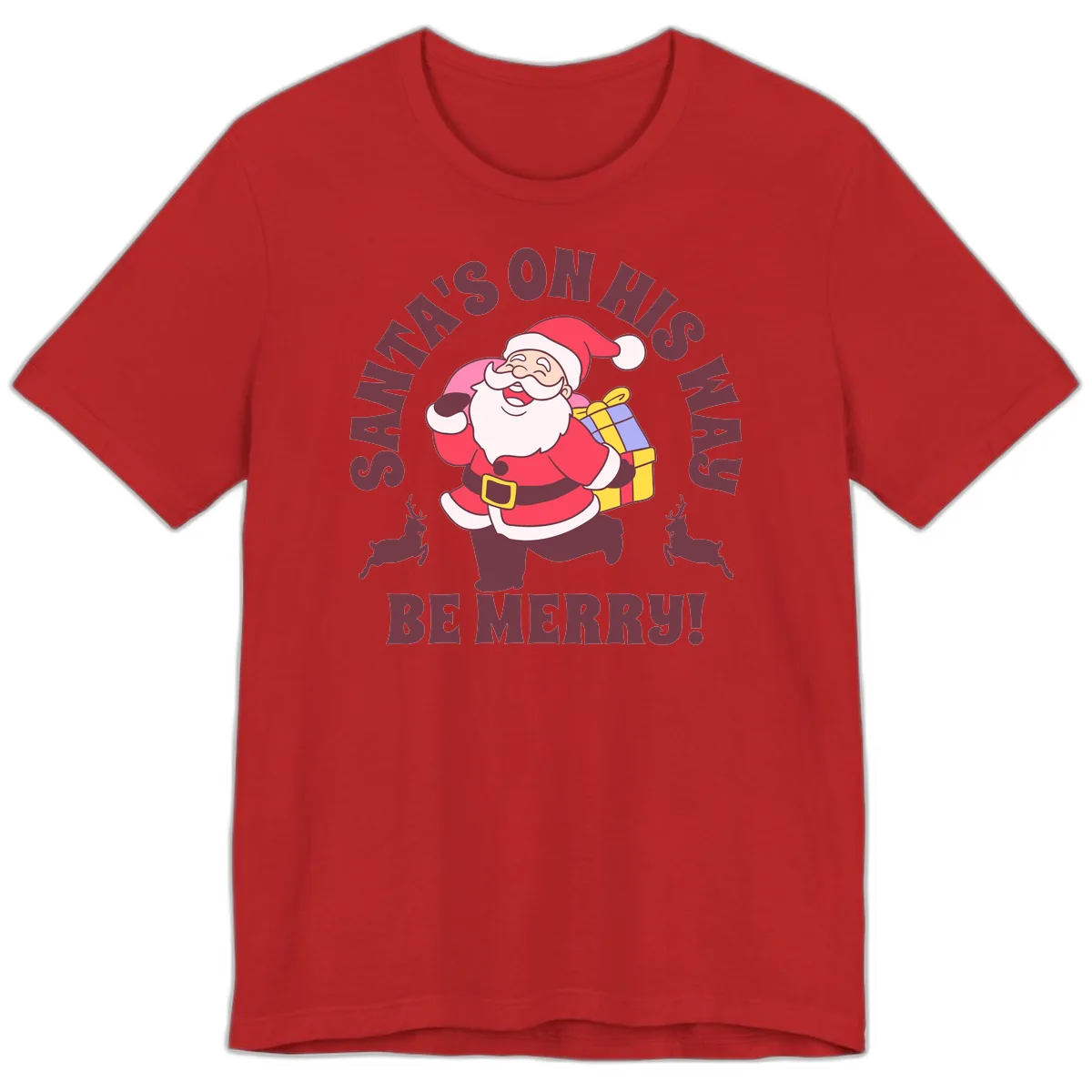 Santa's On His Way Be Merry Premium T-Shirt in Red