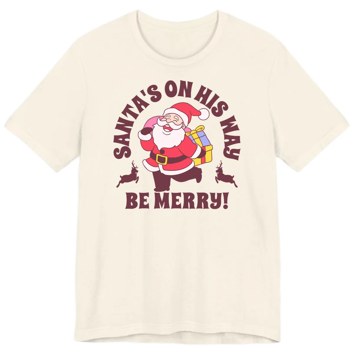 Santa's On His Way Be Merry Premium T-Shirt in Natural