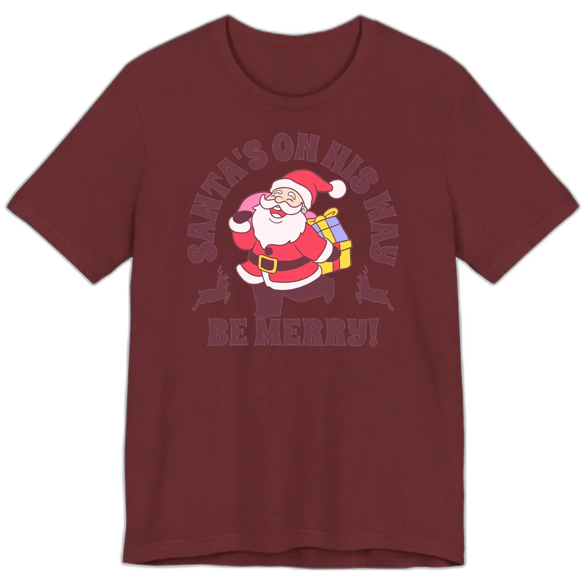 Santa's On His Way Be Merry Premium T-Shirt in Heather Cardinal