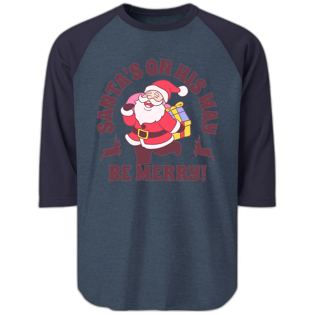 Santa's On His Way Be Merry Raglan 3/4 in Heather Denim Navy