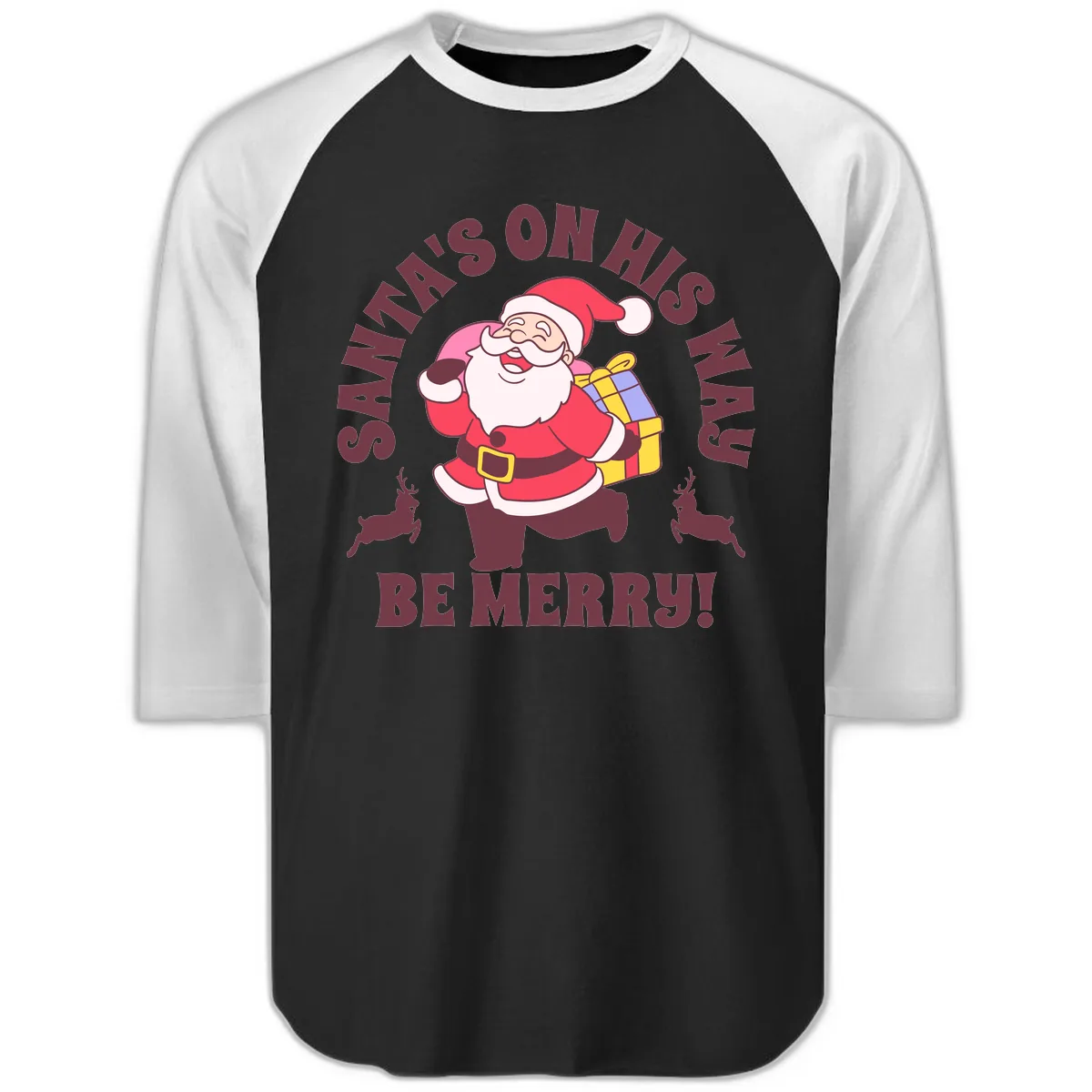 Santa's On His Way Be Merry Raglan 3/4 in Black White