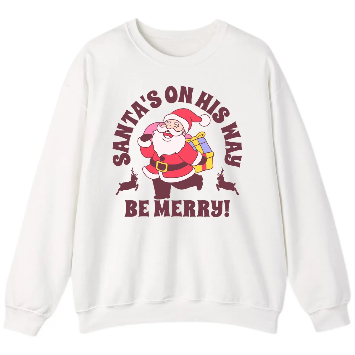 Santa's On His Way Be Merry Sweatshirt in White