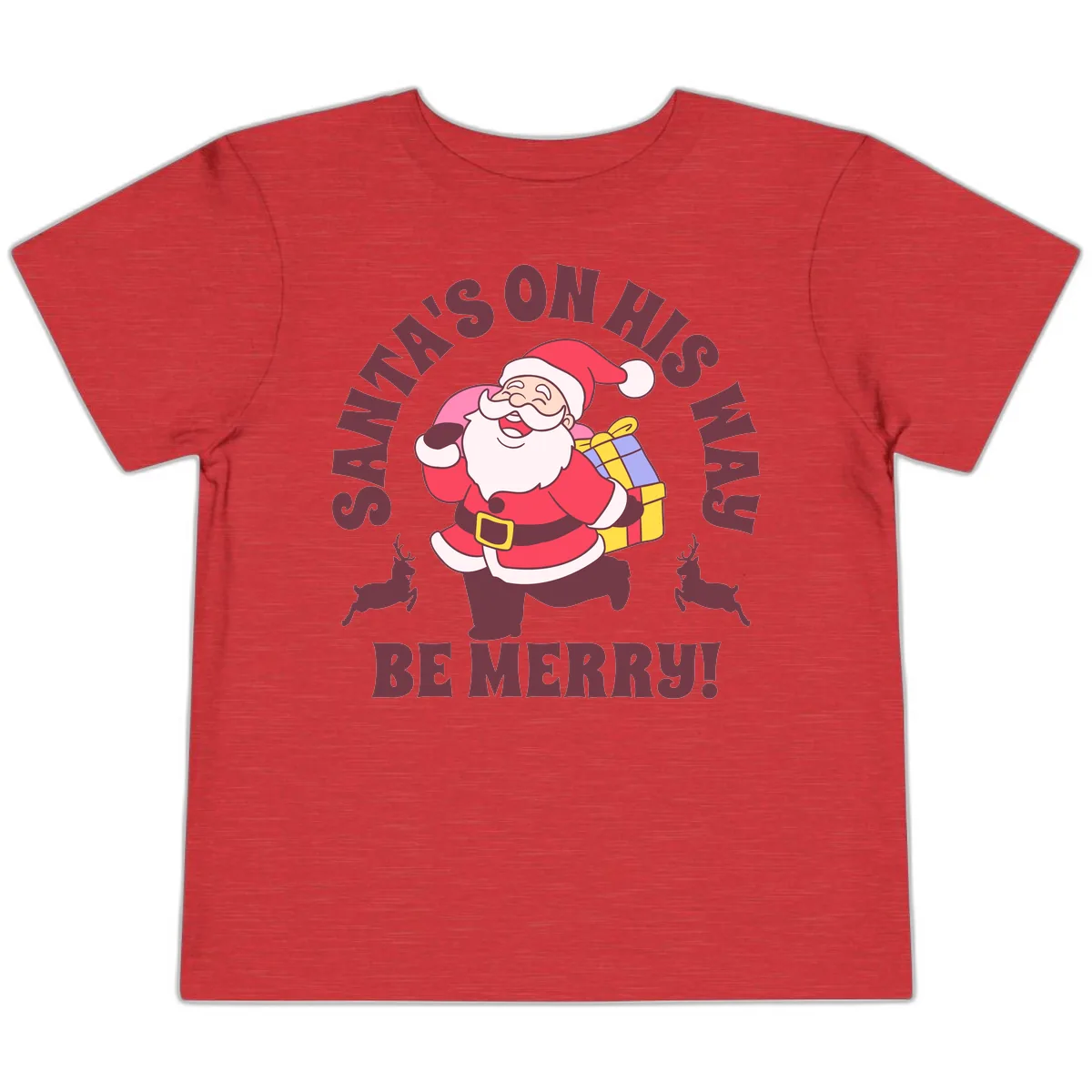 Santa's On His Way Be Merry Toddler T-Shirt in Heather Red