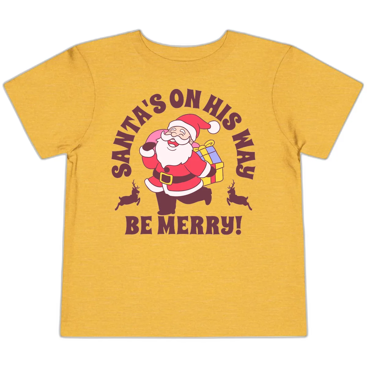 Santa's On His Way Be Merry Toddler T-Shirt in Heather Yellow Gold