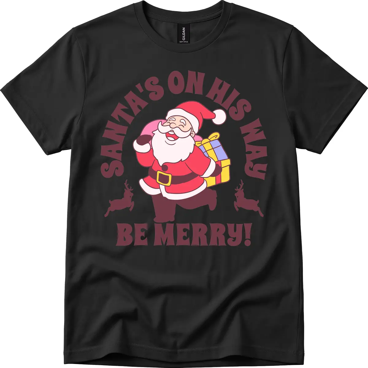 Santa's On His Way Be Merry T-Shirt in Black