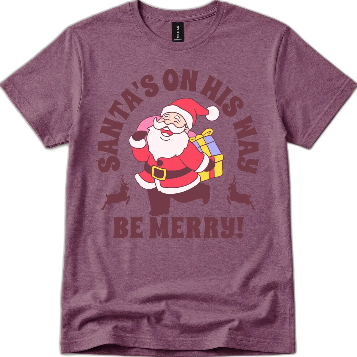 Santa's On His Way Be Merry T-Shirt in Heather Maroon