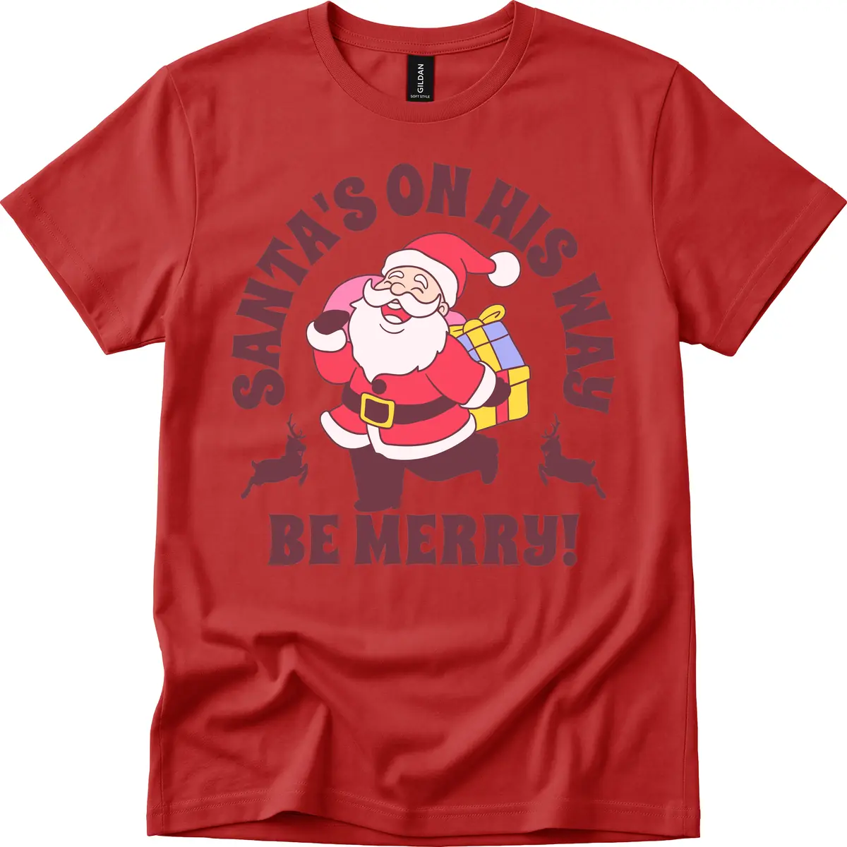Santa's On His Way Be Merry T-Shirt in Red