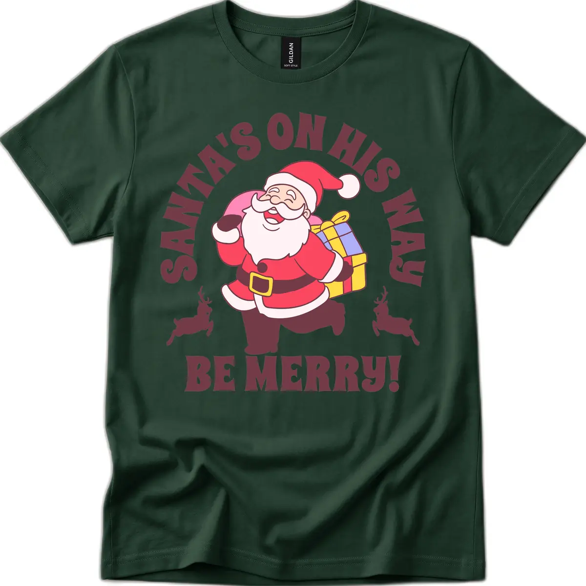 Santa's On His Way Be Merry T-Shirt in Forest Green