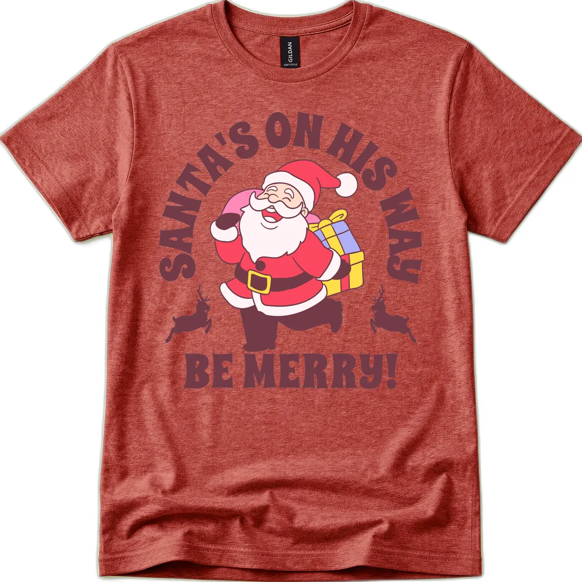 Santa's On His Way Be Merry T-Shirt in Heather Cardinal
