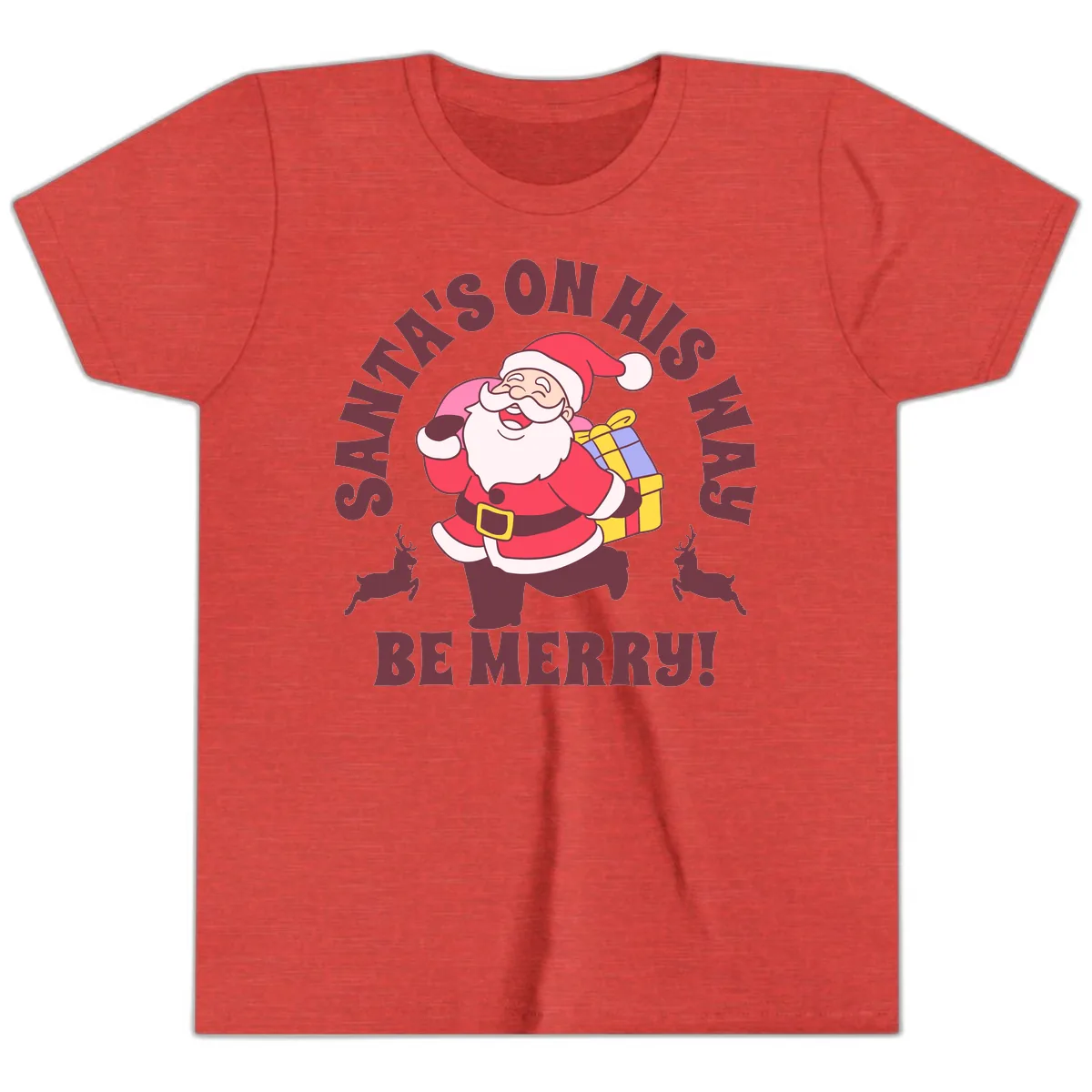Santa's On His Way Be Merry Youth T-Shirt in Heather Red
