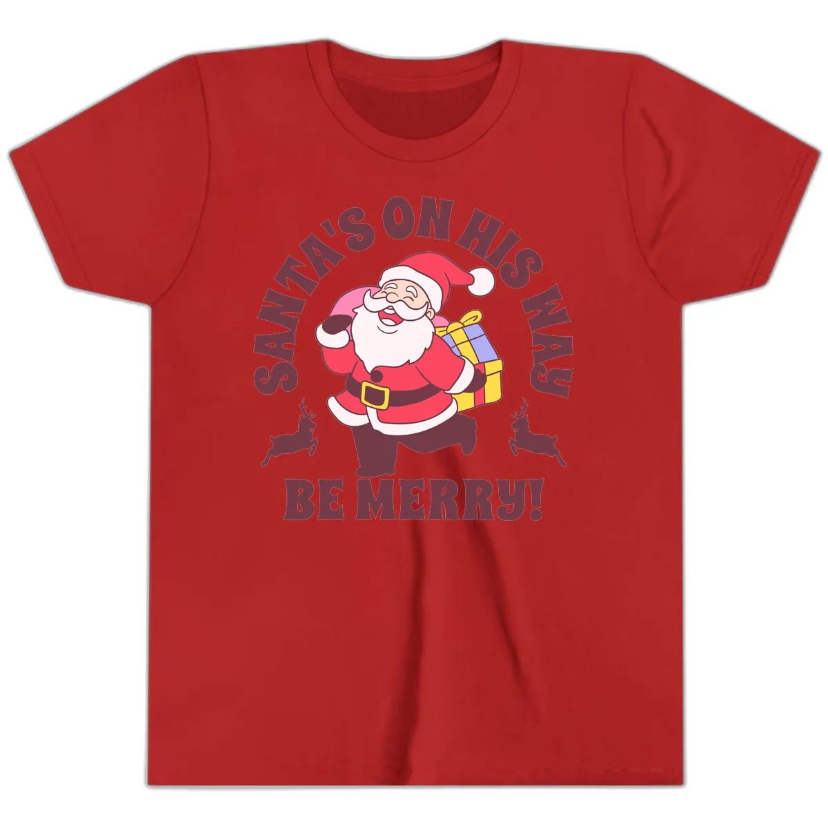 Santa's On His Way Be Merry Youth T-Shirt in Red