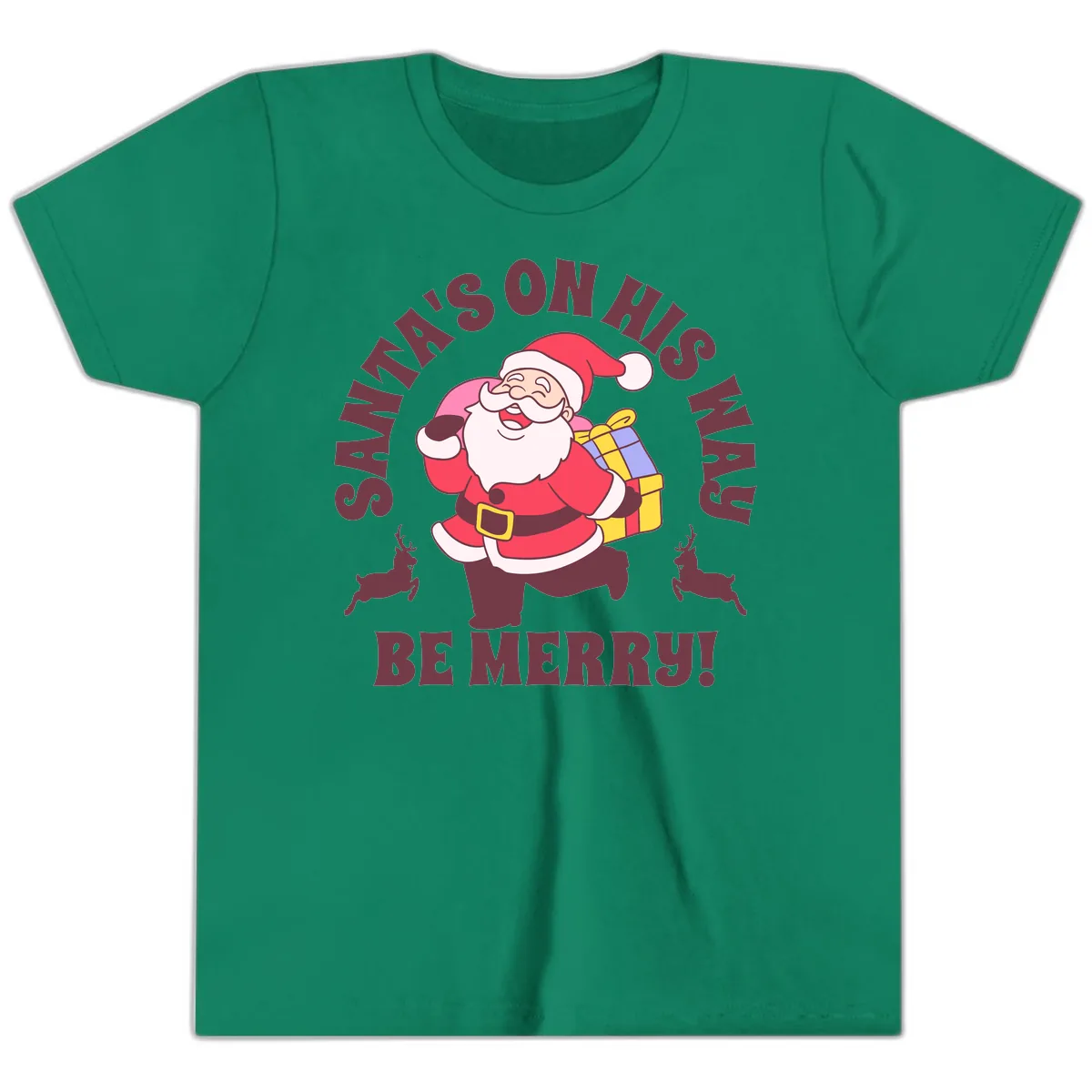 Santa's On His Way Be Merry Youth T-Shirt in Kelly