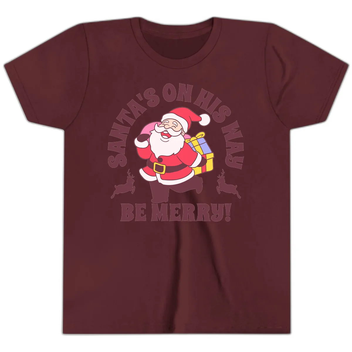 Santa's On His Way Be Merry Youth T-Shirt in Maroon