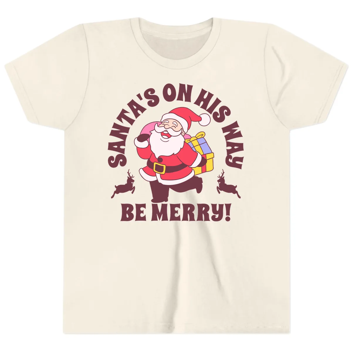 Santa's On His Way Be Merry Youth T-Shirt in Natural