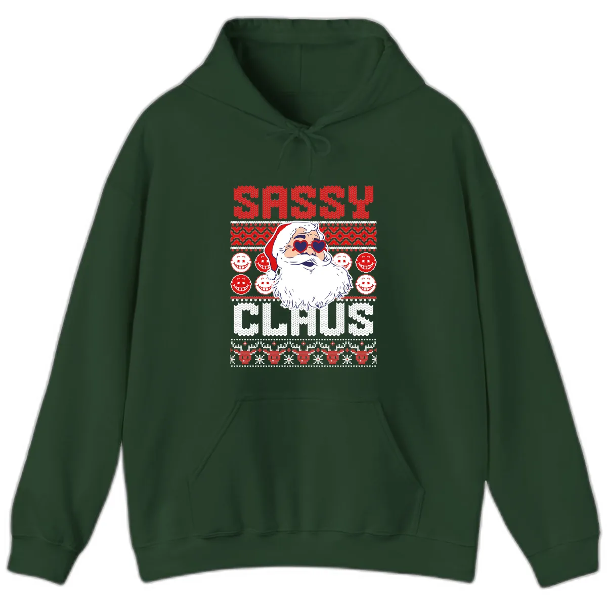 Sassy Santa Claus Ugly Christmas Sweater Hoodie in Forest Green