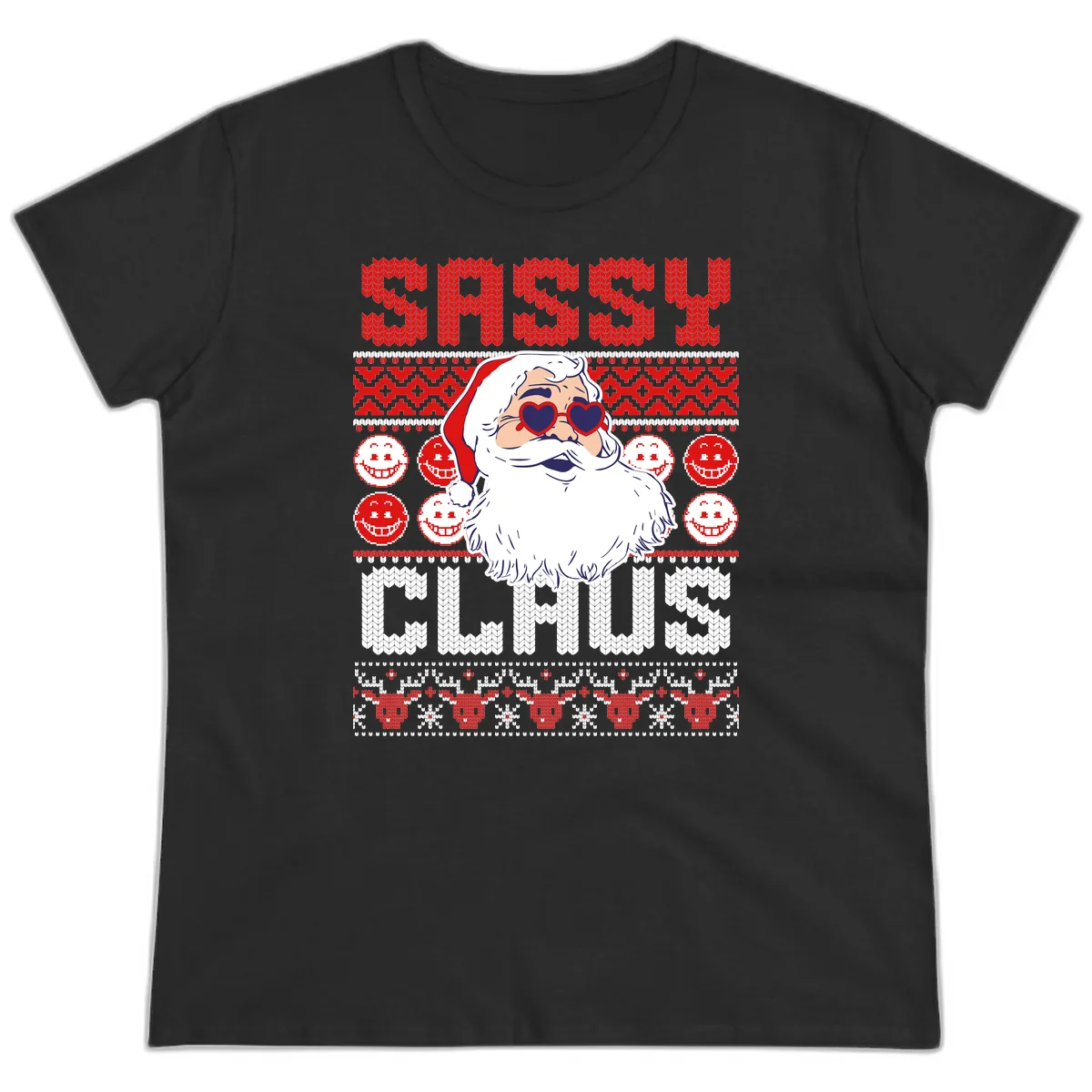 Sassy Santa Claus Ugly Christmas Sweater Ladies Tee in Black