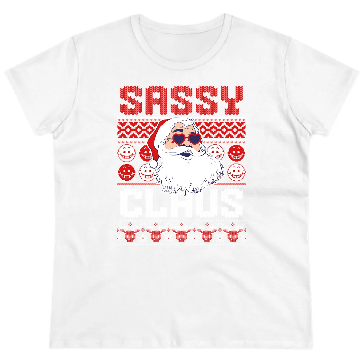 Sassy Santa Claus Ugly Christmas Sweater Ladies Tee in White