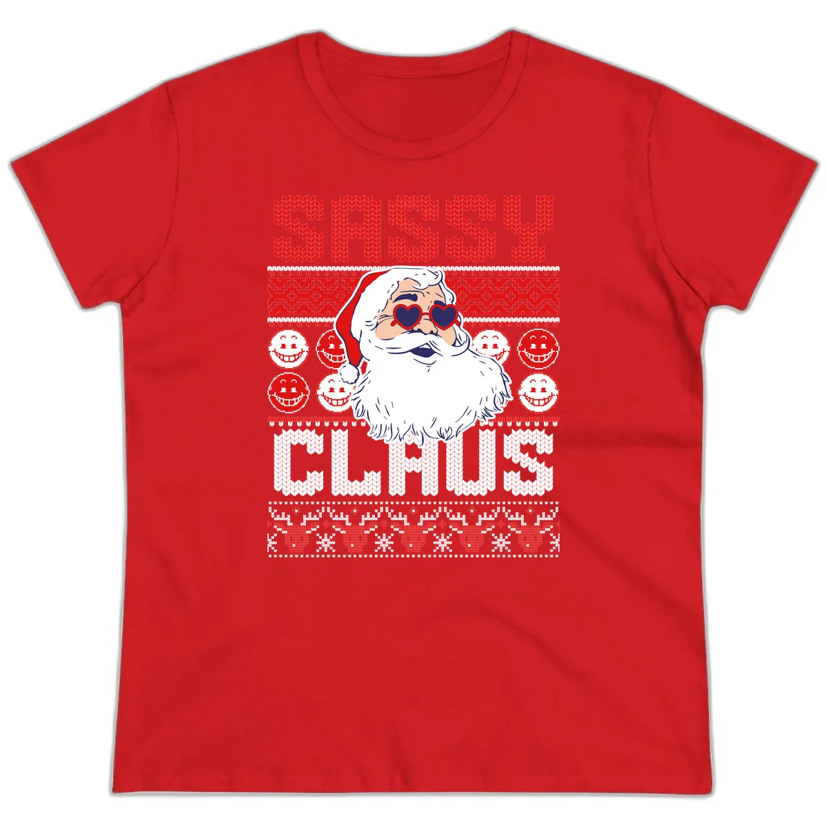 Sassy Santa Claus Ugly Christmas Sweater Ladies Tee in Red