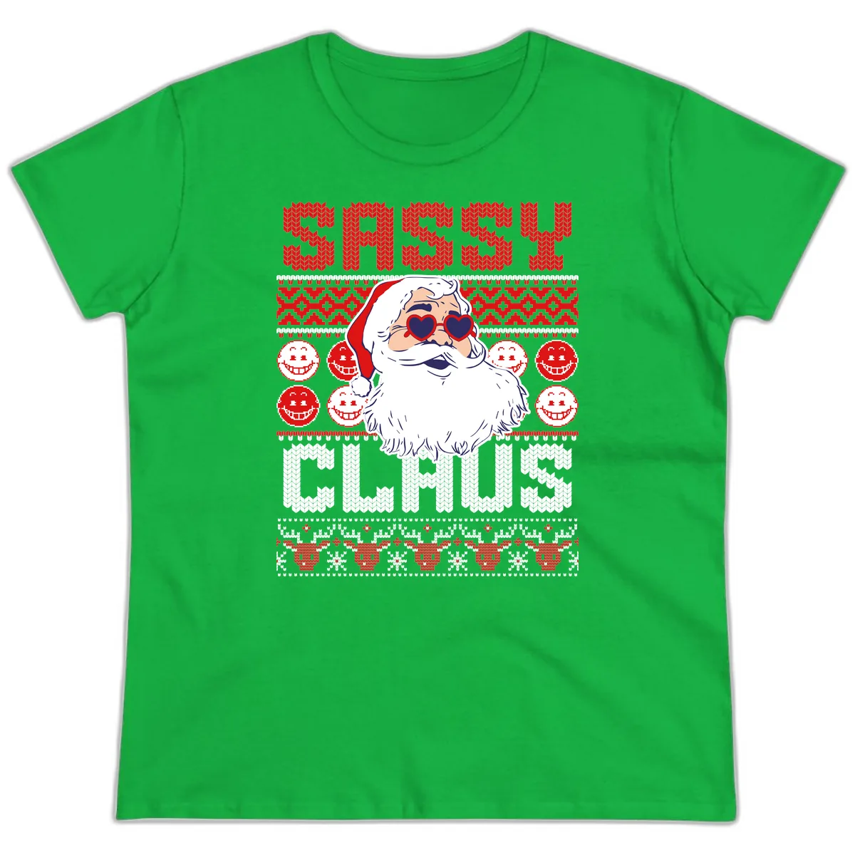 Sassy Santa Claus Ugly Christmas Sweater Ladies Tee in Irish Green
