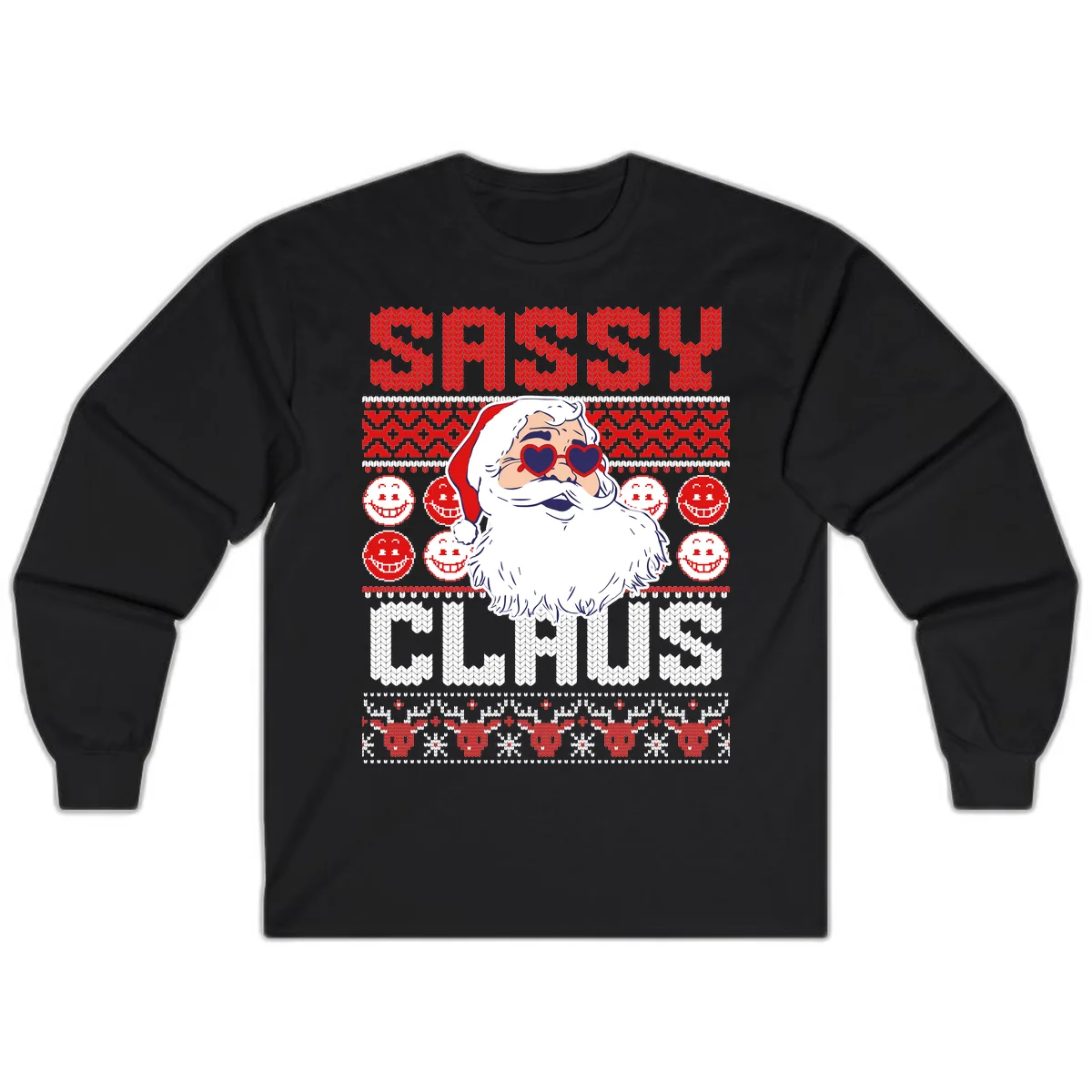 Sassy Santa Claus Ugly Christmas Sweater Long Sleeve in Black