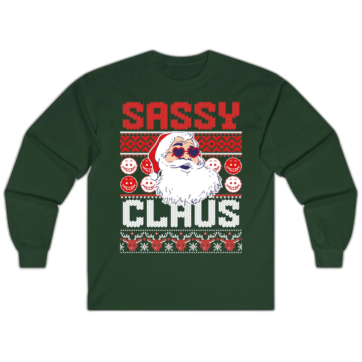 Sassy Santa Claus Ugly Christmas Sweater Long Sleeve in Forest Green
