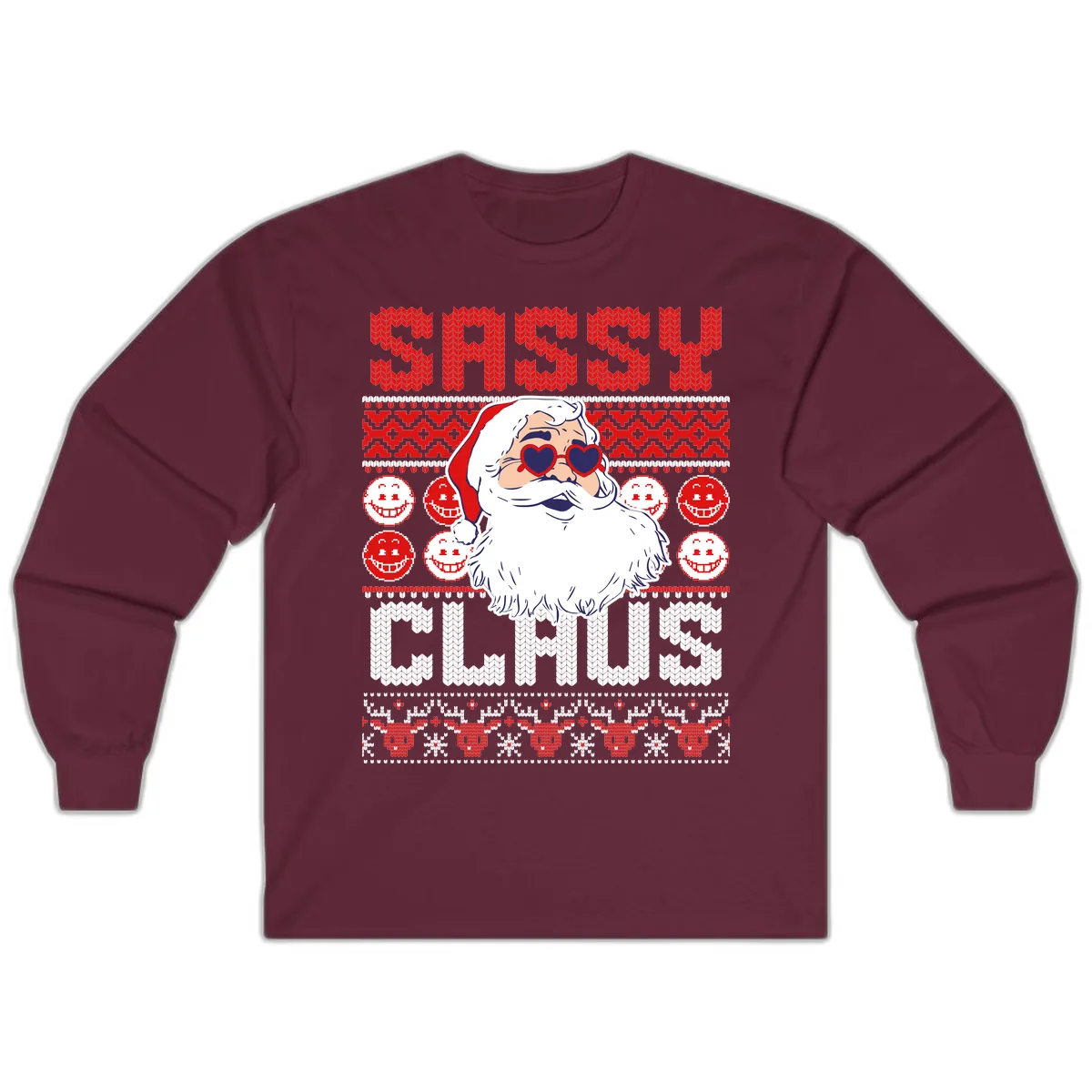 Sassy Santa Claus Ugly Christmas Sweater Long Sleeve in Maroon