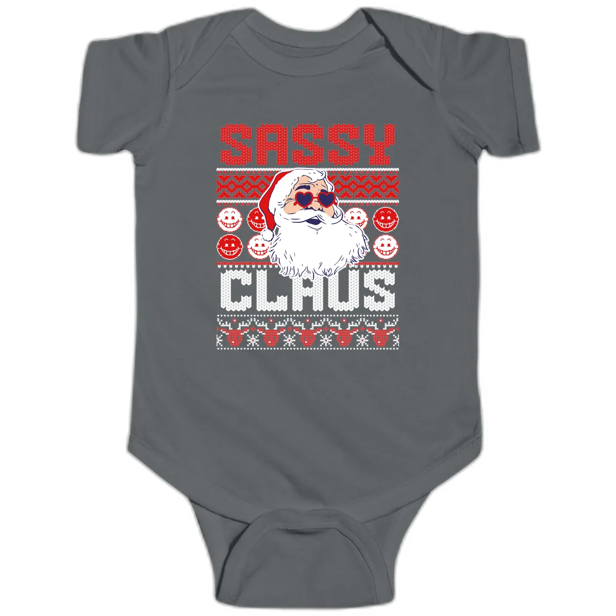 Sassy Santa Claus Ugly Christmas Sweater Baby Onesie in Charcoal