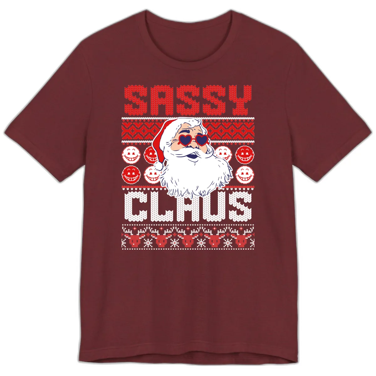 Sassy Santa Claus Ugly Christmas Sweater Premium T-Shirt in Heather Cardinal