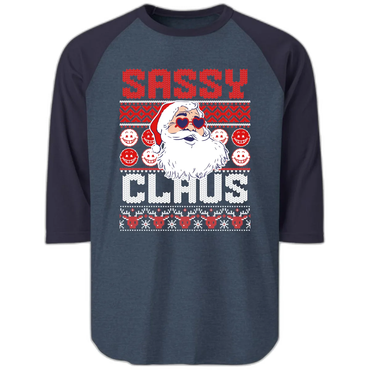 Sassy Santa Claus Ugly Christmas Sweater Raglan 3/4 in Heather Denim Navy