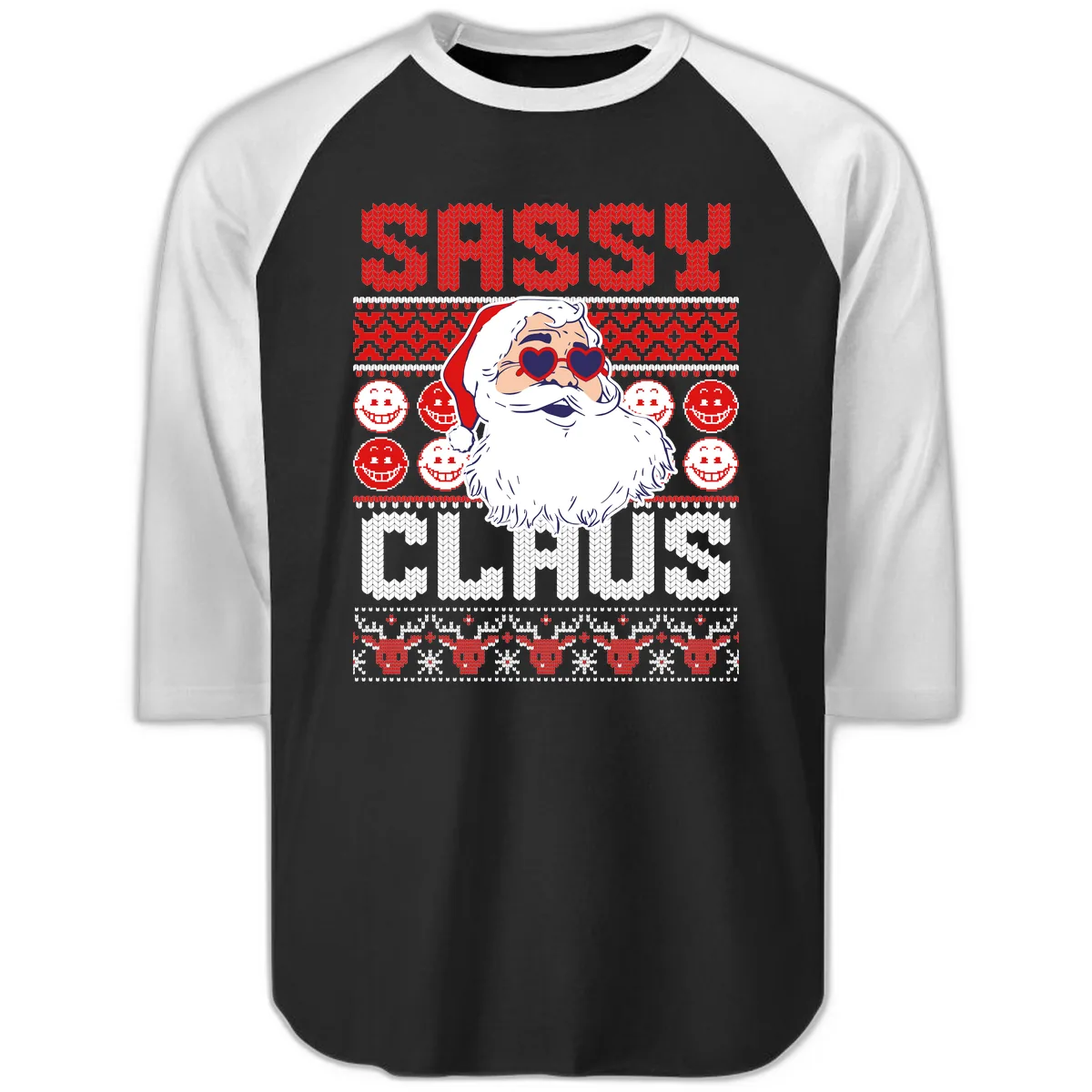Sassy Santa Claus Ugly Christmas Sweater Raglan 3/4 in Black White