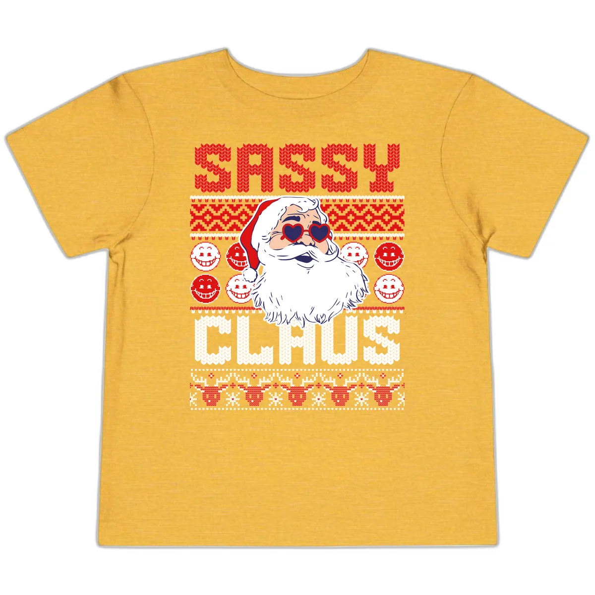 Sassy Santa Claus Ugly Christmas Sweater Toddler T-Shirt in Heather Yellow Gold