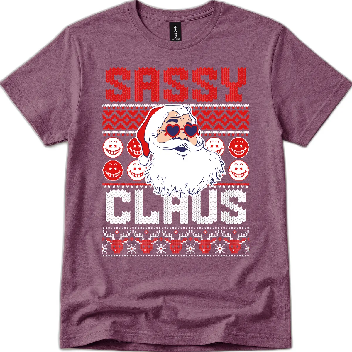 Sassy Santa Claus Ugly Christmas Sweater T-Shirt in Heather Maroon
