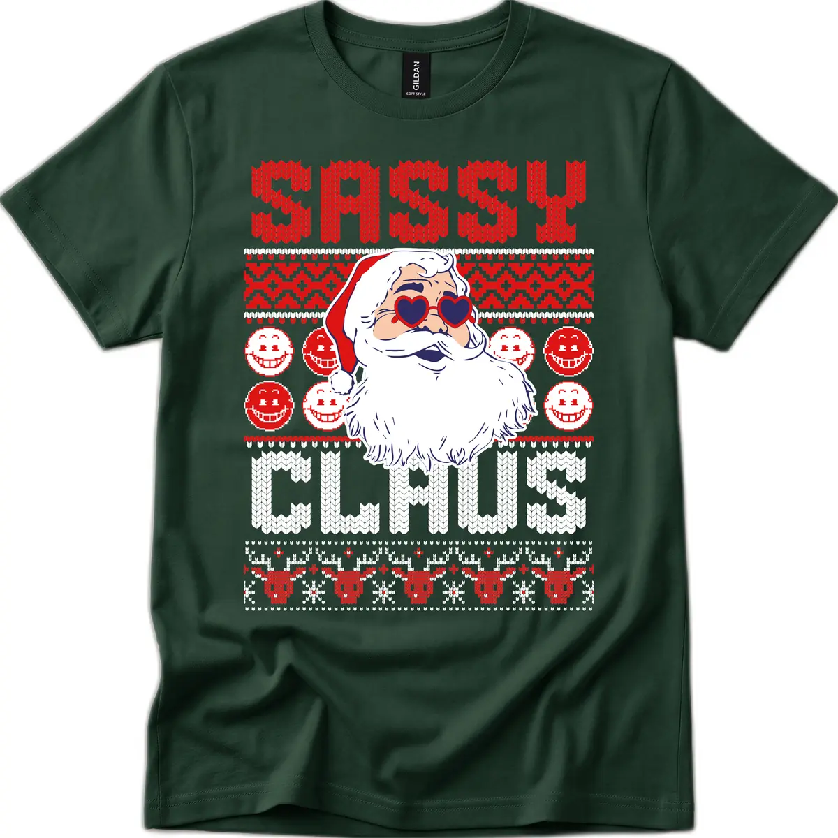 Sassy Santa Claus Ugly Christmas Sweater T-Shirt in Forest Green