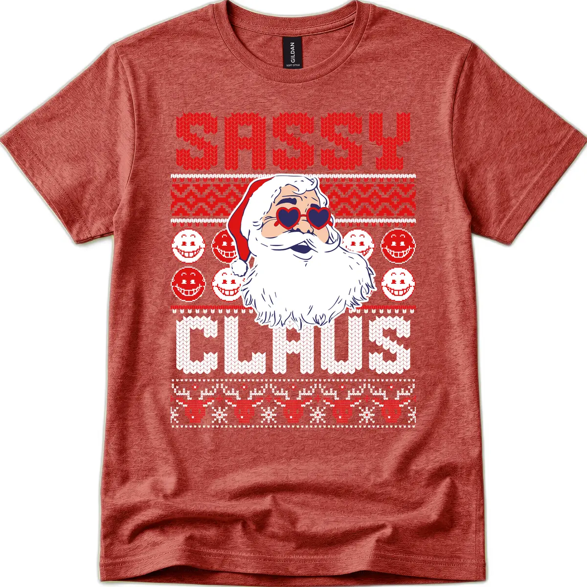 Sassy Santa Claus Ugly Christmas Sweater T-Shirt in Heather Cardinal