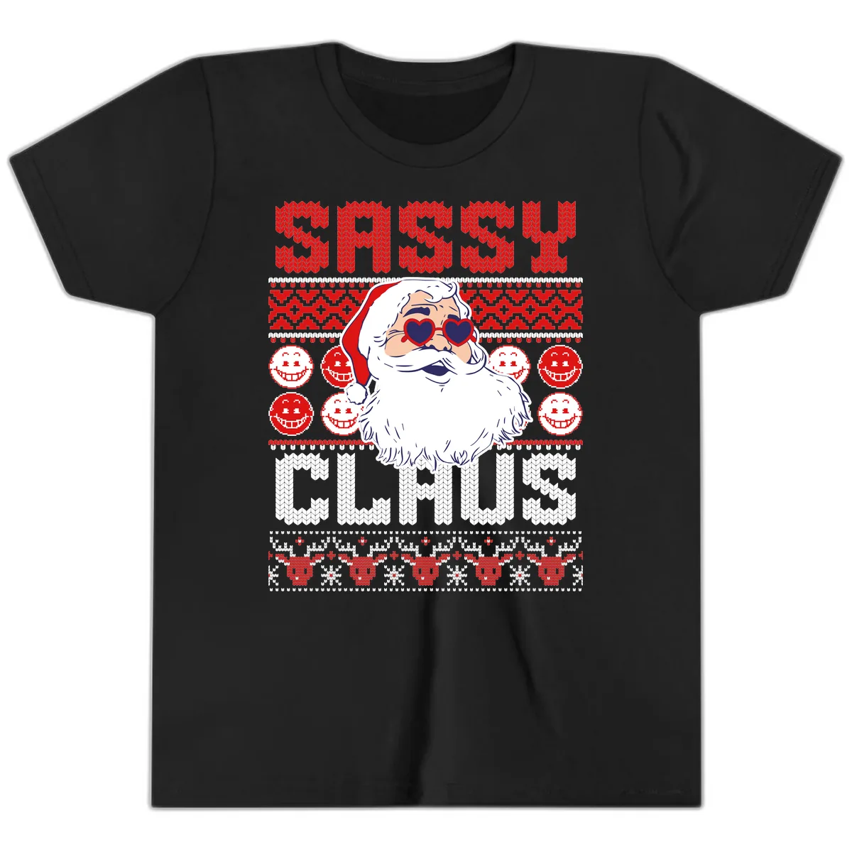 Sassy Santa Claus Ugly Christmas Sweater Youth T-Shirt in Black