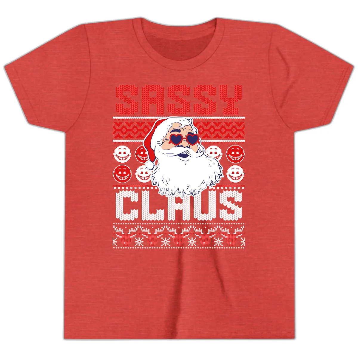 Sassy Santa Claus Ugly Christmas Sweater Youth T-Shirt in Heather Red