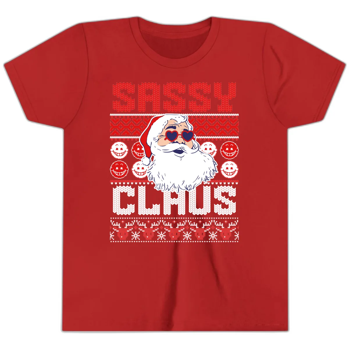 Sassy Santa Claus Ugly Christmas Sweater Youth T-Shirt in Red