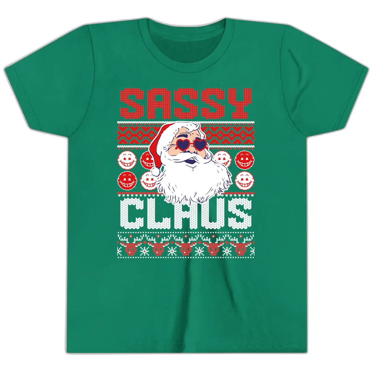 Sassy Santa Claus Ugly Christmas Sweater Youth T-Shirt in Kelly