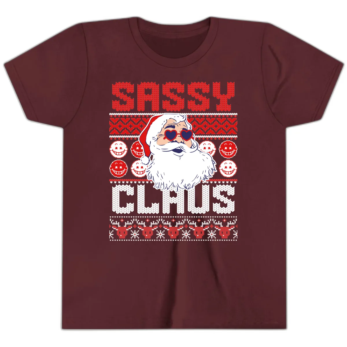 Sassy Santa Claus Ugly Christmas Sweater Youth T-Shirt in Maroon