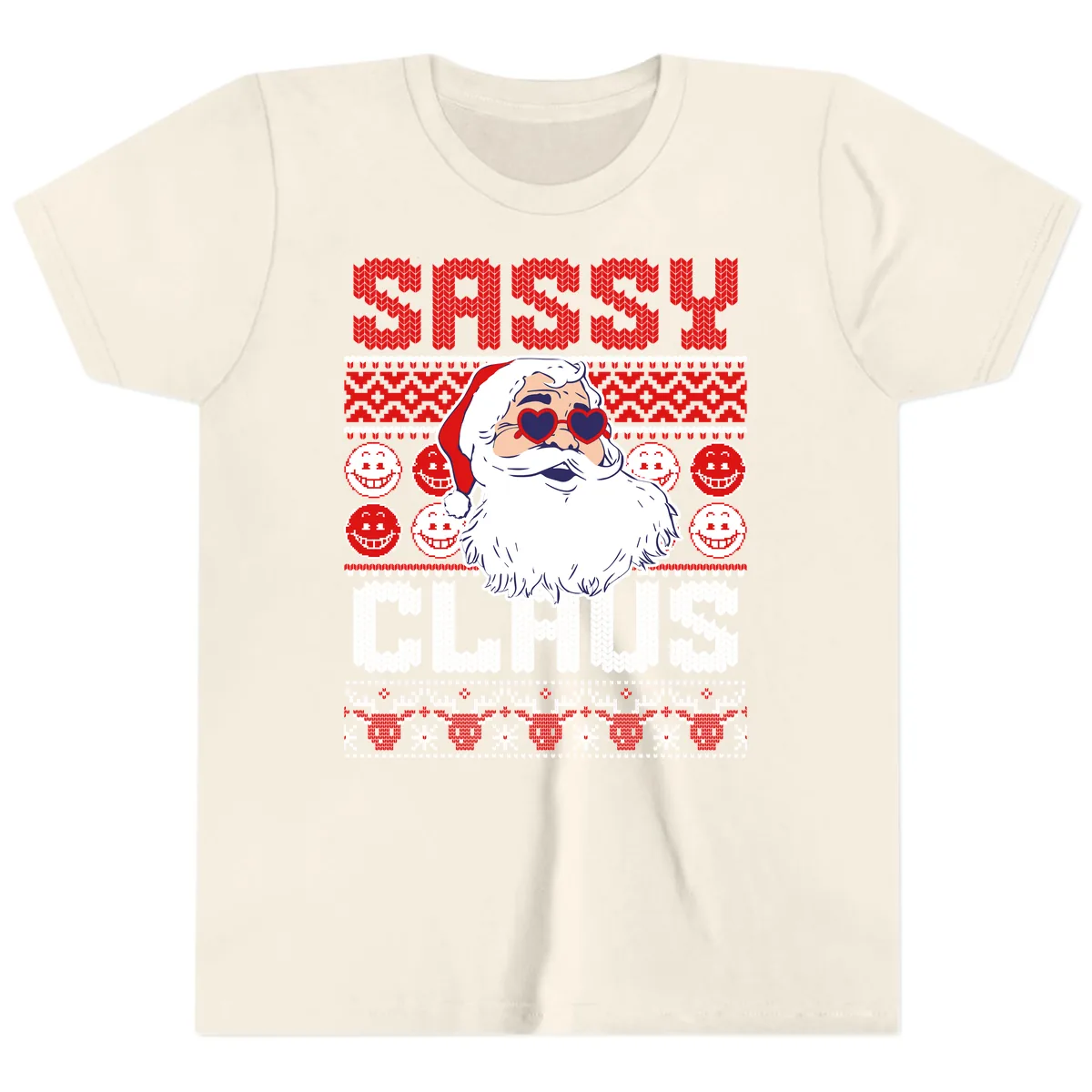 Sassy Santa Claus Ugly Christmas Sweater Youth T-Shirt in Natural