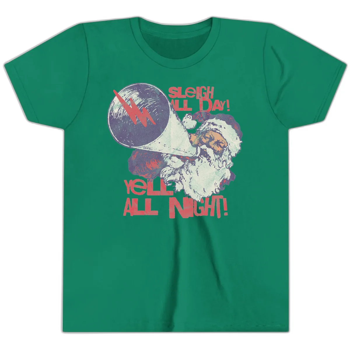 Sleigh All Day Yell All Night Santa Youth T-Shirt in Kelly