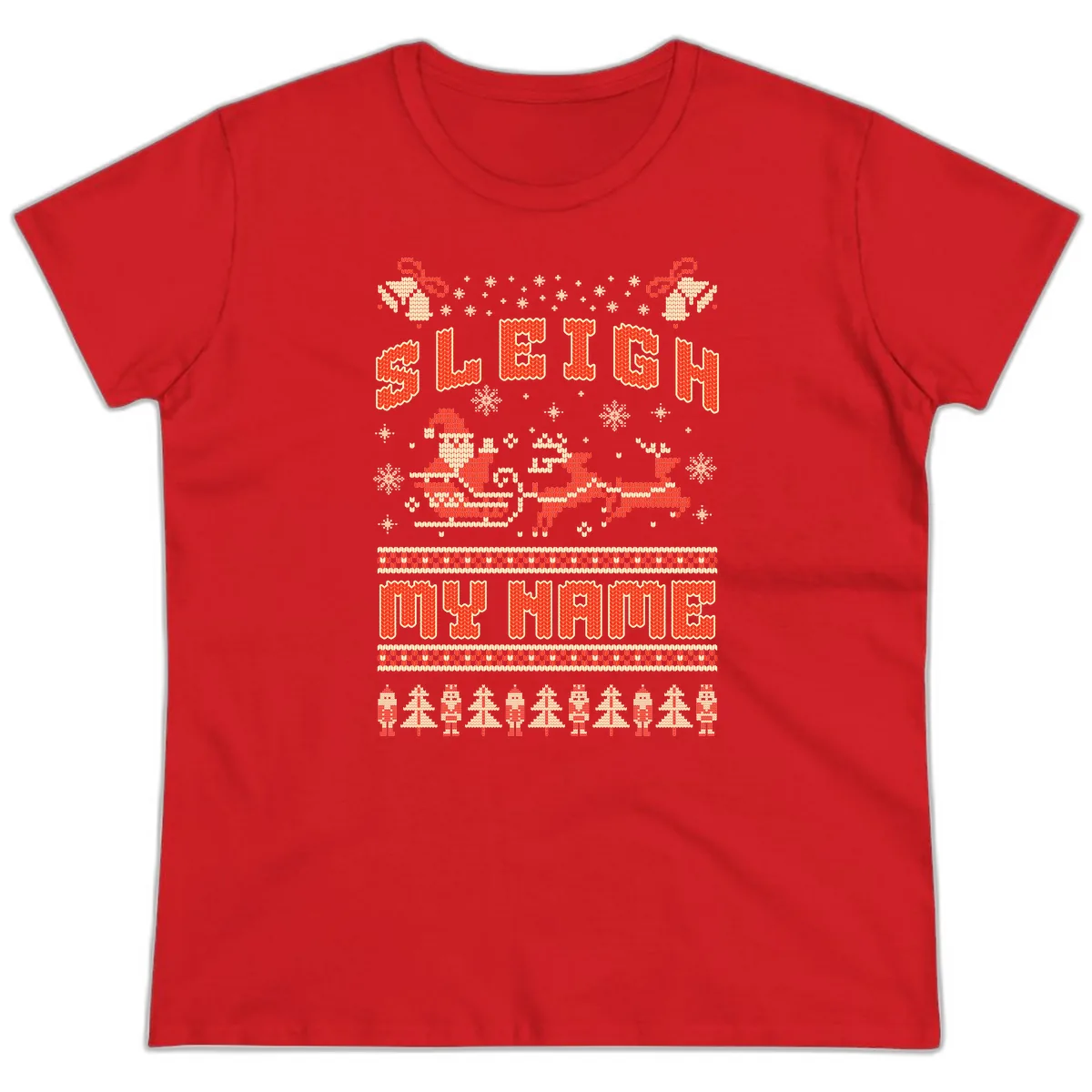 Sleigh My Name Christmas Sweater Ladies Tee in Red
