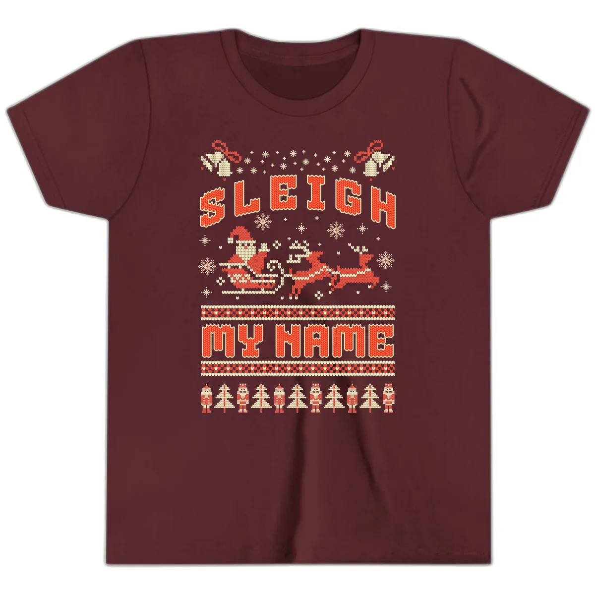 Sleigh My Name Christmas Sweater Youth T-Shirt in Maroon